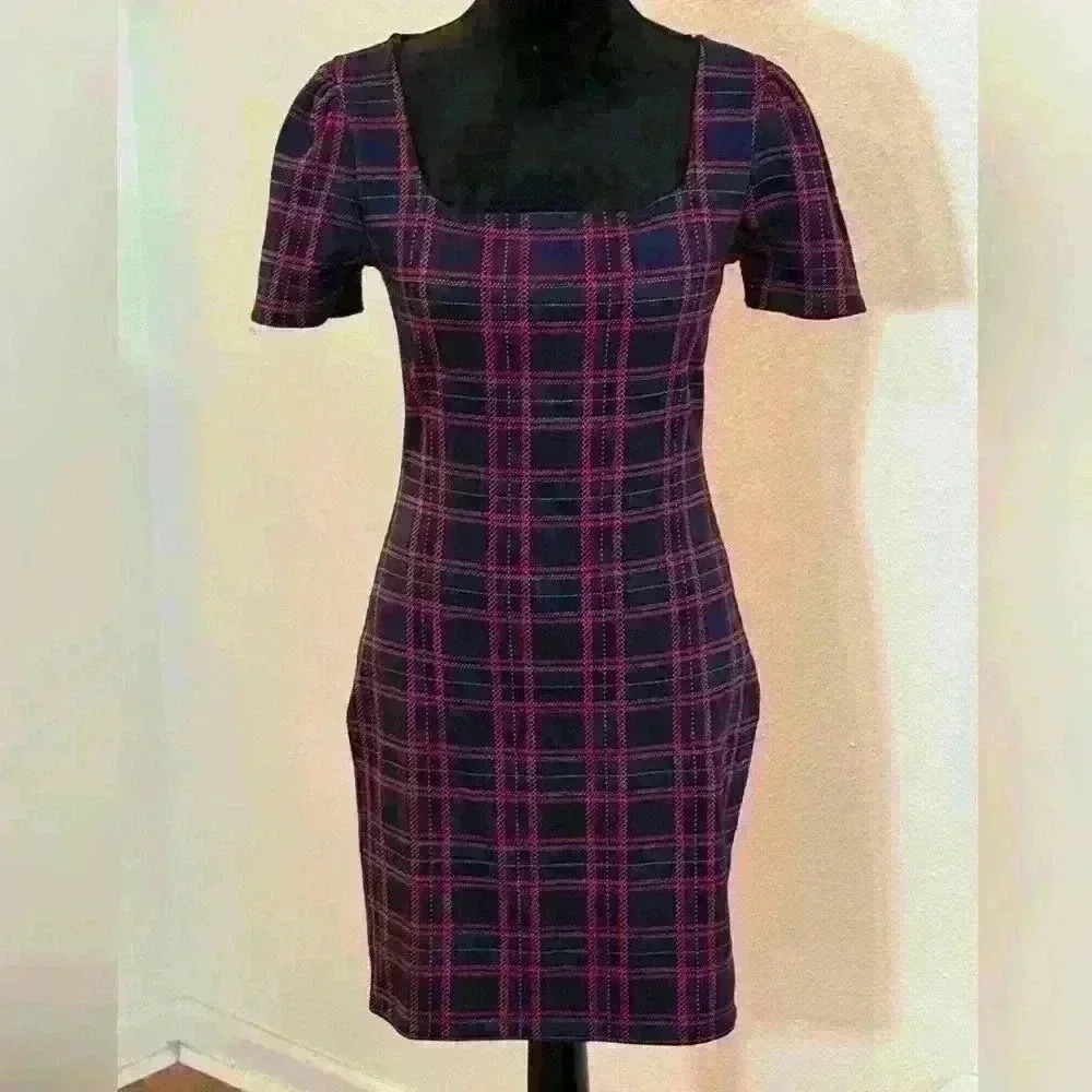 Popular Basics Blue Plaid Cold Shoulder Midi Dress